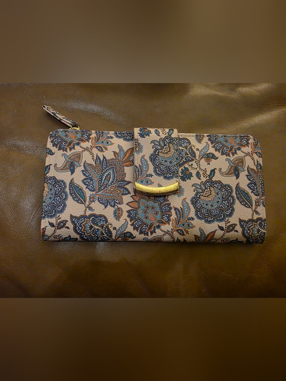 Floral Print Wallet in Blue and Cream